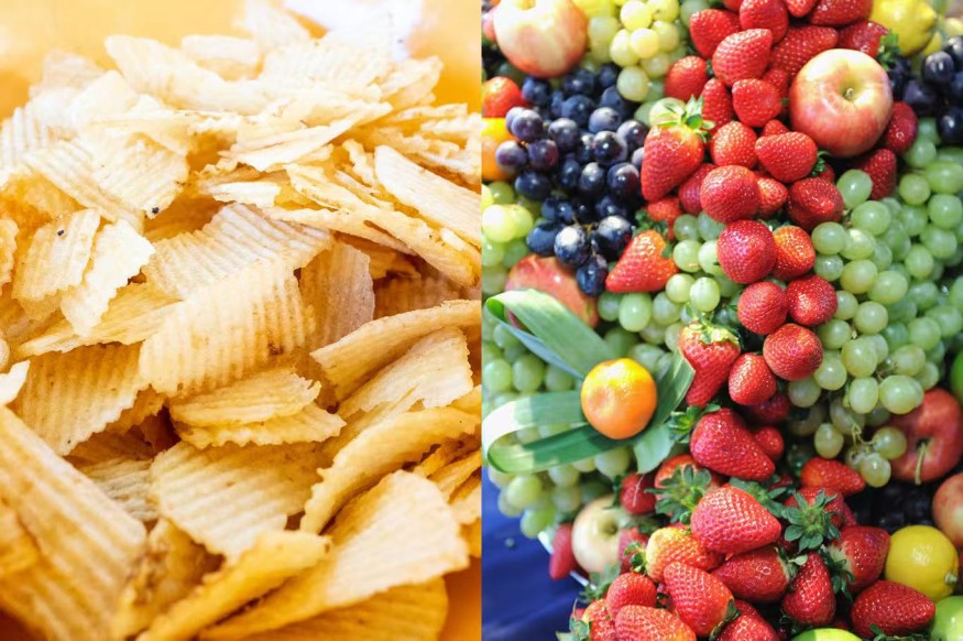 Potato chips on the left contrasted with a colorful assortment