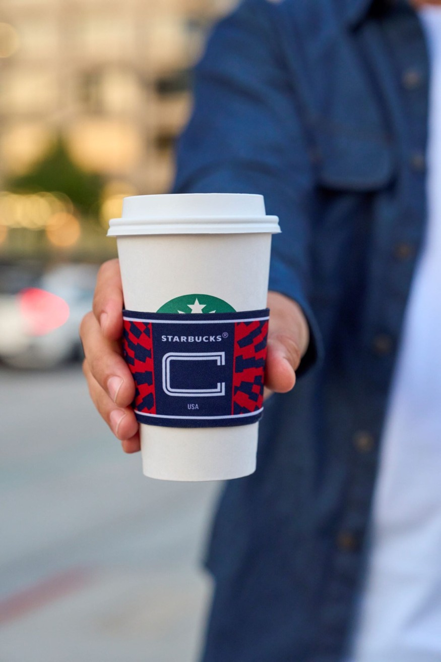 A Starbucks hot beverage cup