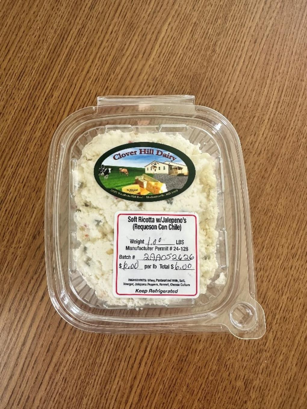 The recalled Clover Hill Dairy Soft Ricotta with Jalapeños