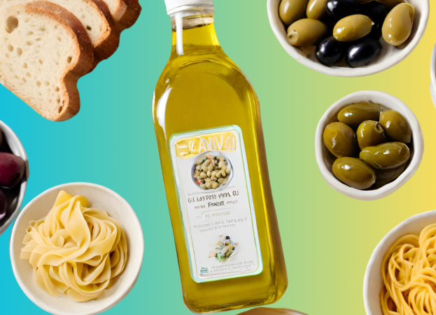 Table spread with olive oil, pasta, bread and olives